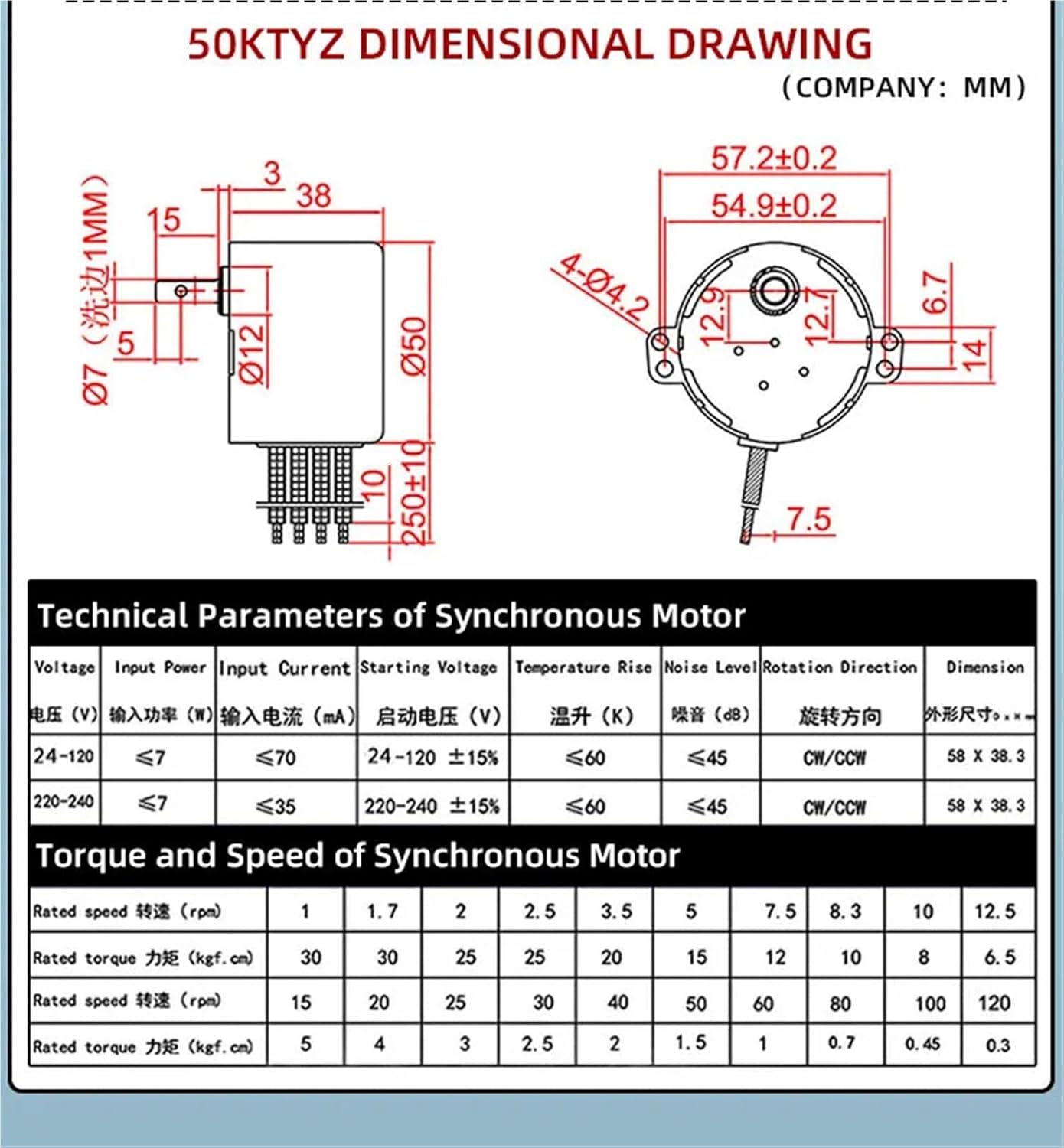 50KTYZ Permanent Magnet Motor High Tq 220V AC Motor Forward and Reverse Controllable Geared Speed Reducer Motors(220V 2.5rpm)