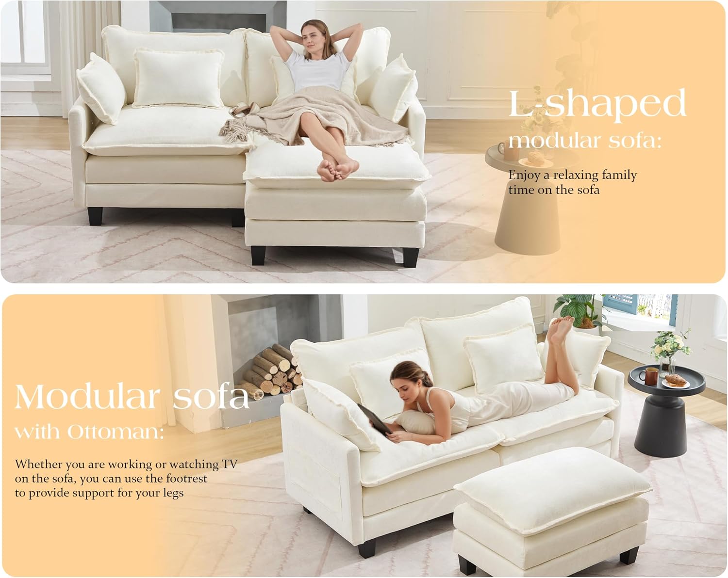 TUNYI Modular Sectional Sofa - 77.6" L Shaped Chenille Cloud Couch with Movable Ottoman, Sectional Deep Seat Sofa with Pillows/Side Pocket for Living Room, Apartment (Cream White)