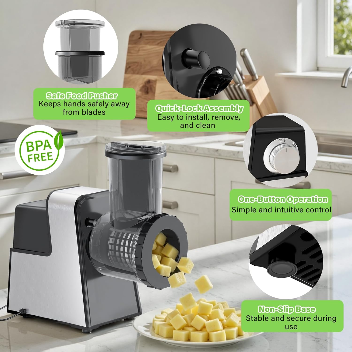 Anbull 7-in-1 Electric Salad Maker, 250W Professional Cheese Grater & Vegetable Cutter with Dicer, French Fry Blades, Automatic Slicer Shredder for Salads, Fruits, Nuts, One-Touch Meal Prep, BPA-Free