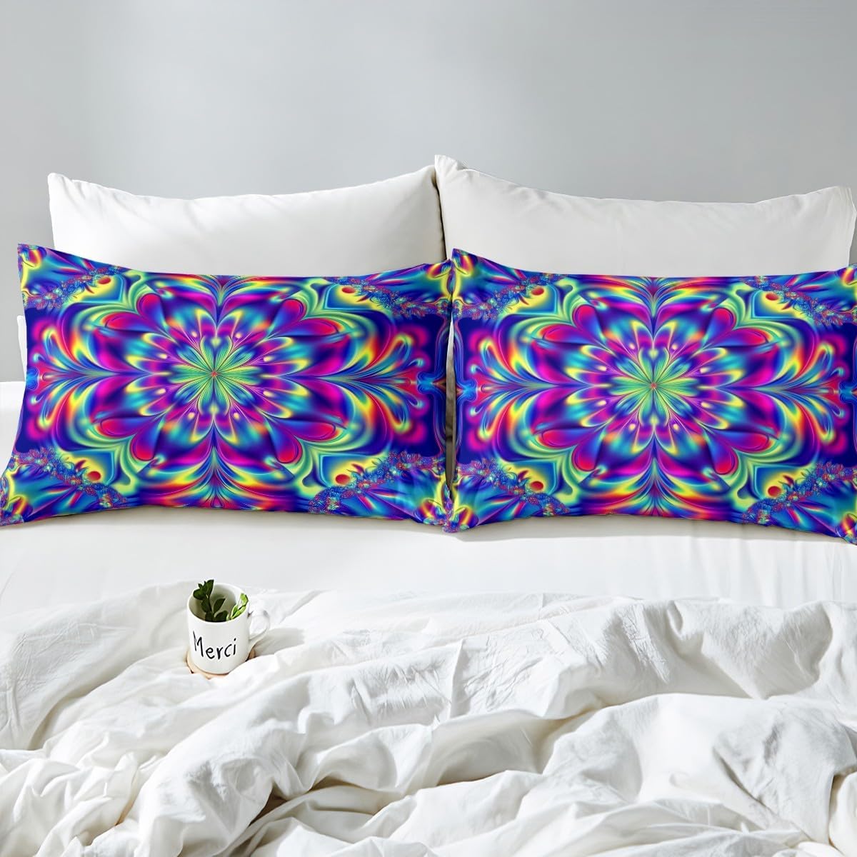 Erosebridal Psychedelic Bed Sheets Teal Blue Purple Fitted Sheet for Kids Child Boys Girls,Gradient Exotic Sheet Set Multicolor Abstract Bed Cover Queen,Artsy Hippie Room Decor image 4