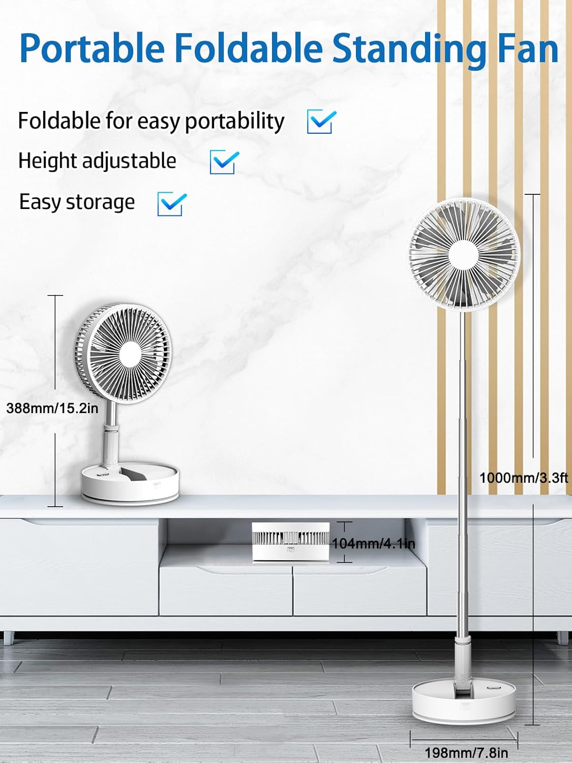 Oscillating Fan with Remote Control, 7200mAh Rechargeable Battery Operated Travel for Camping, 4 Speed, Timer, Height Adjustment Portable Foldable Fan for Travel, Outdoor, Home (White)