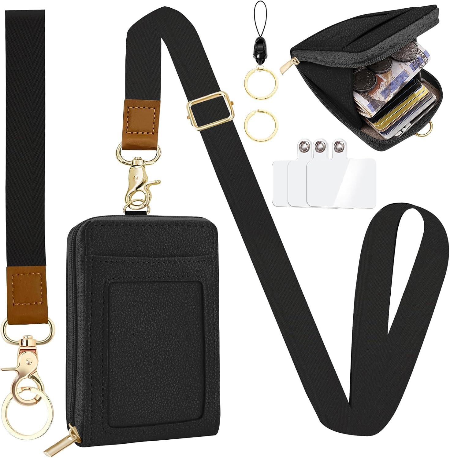HATYMTYHAH Black Lanyard Wallet with ID Badge Holder, RFID Leather Credit Card Holder with Zipper Pocket Keychain Wallets Breakaway Wrist & Neck Lanyards for Office School Business