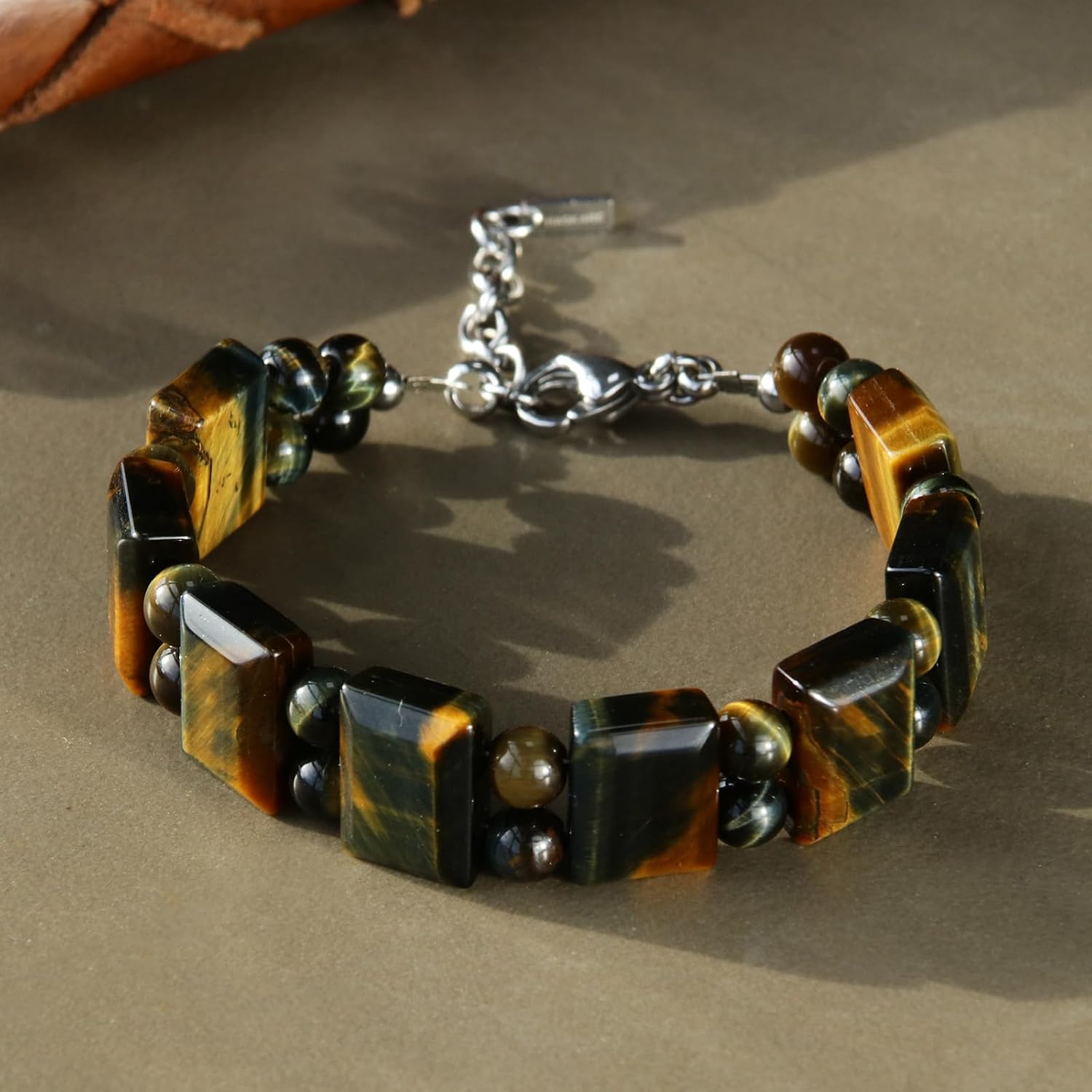 HASKARE Protection Crystals Mens Tiger Eye Bracelet, Natural Stone Men Beads Bracelet with Durable Steel Wire Clasp Gift for Father