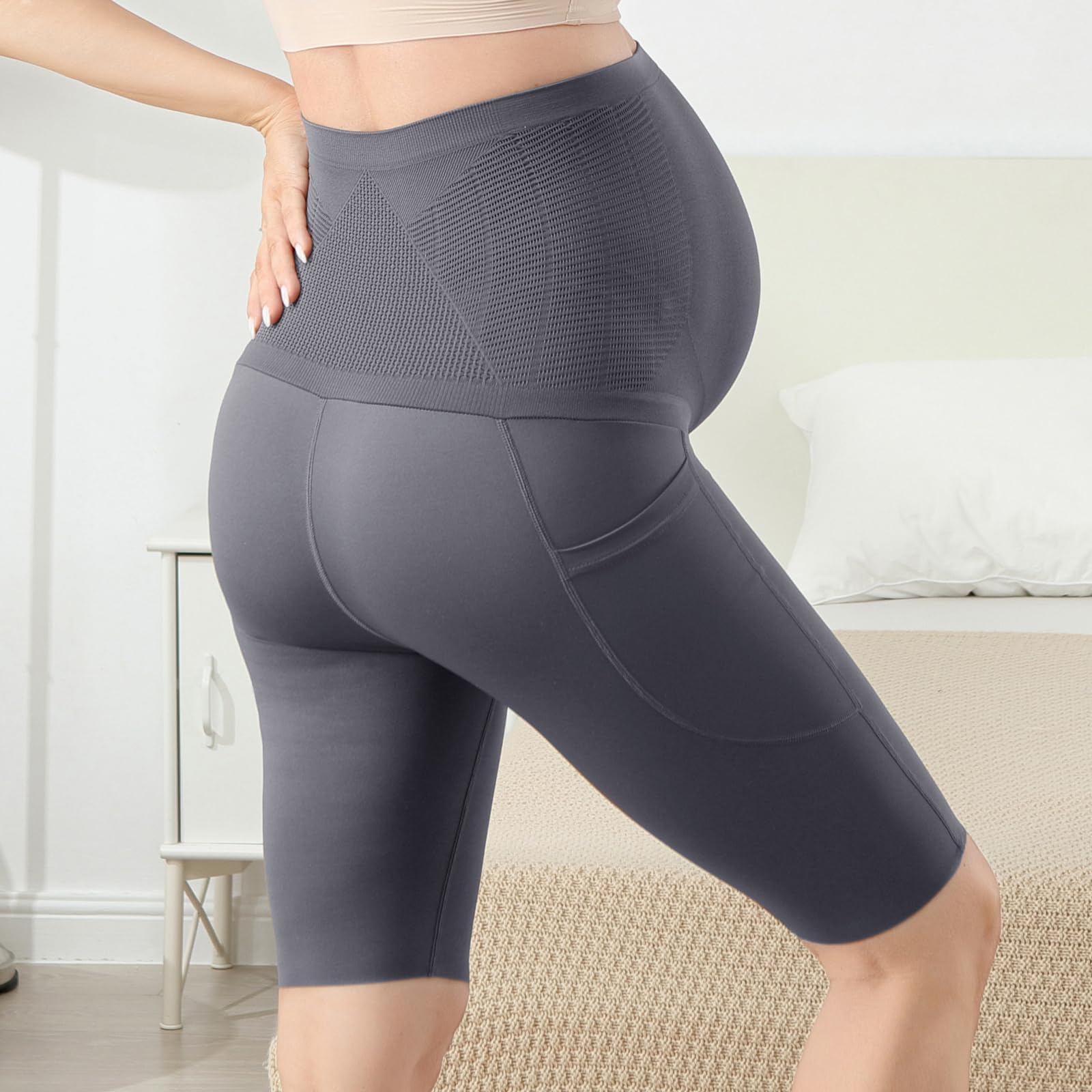 Maternidad Pantalones Cortos,Leggings Premamá Cortos Embarazo con Bolsillos,Ropa Premamá Verano Mujer,Premamá Leggins Pantalones Cortos sobre el Vientre,Cintura Alta Gris