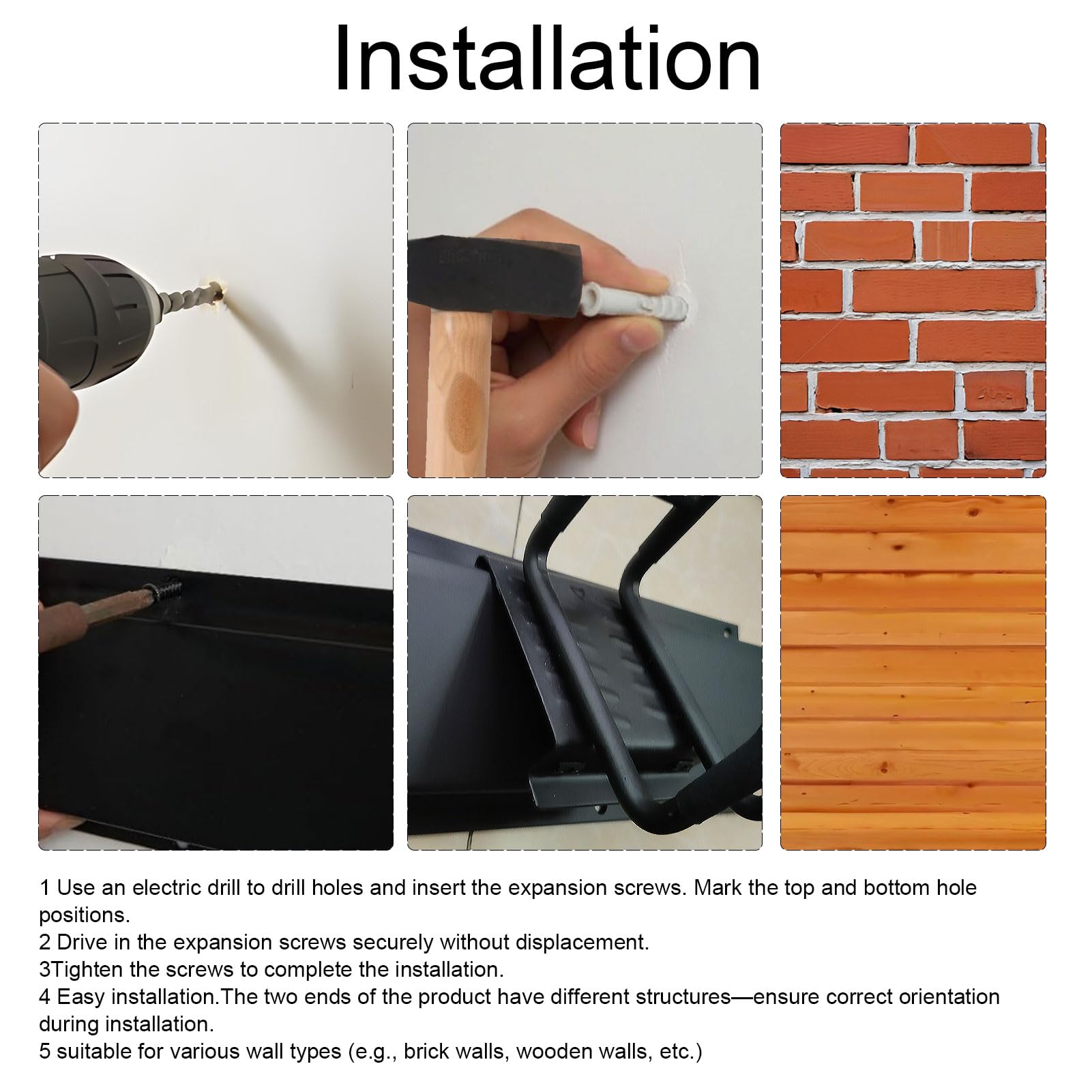 Metall-Gartengerätehalter,Gerätehalter Wandhalterung 150kg，Garagen-Werkzeug-Management-Wandregal mit 2 Halter + 6 Doppelhaken für Gartenwerkzeug in Garage, Garten, Keller (Schwarz)