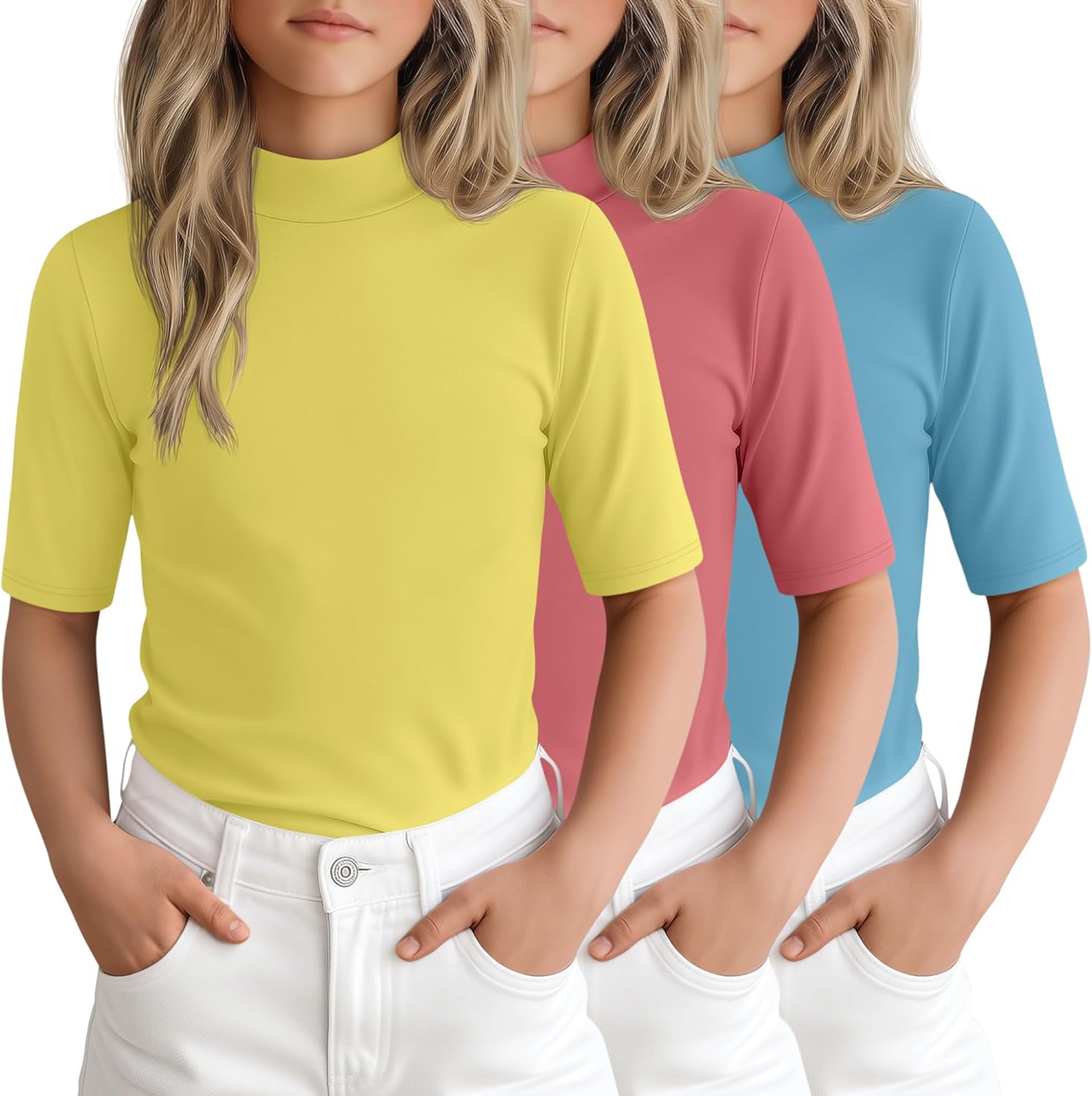 3 Pack Girls' 1/2 Sleeve Shirts Summer Half Sleeve Tops Kids Basic Tees Teen Mock Turtleneck Shirts 5-14 Years