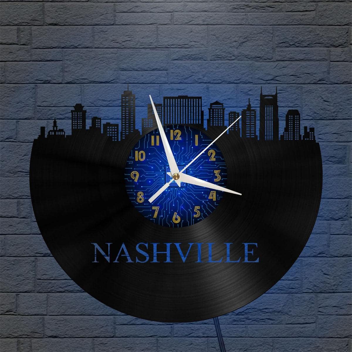Generic Nashville City​View 12 Inch Vinyl Record Wall Clock - Silent, Creative, and Unique Clock for Living Room, Entryway, or Bedroom Decor Idea(12 inchs B with LED), Blue