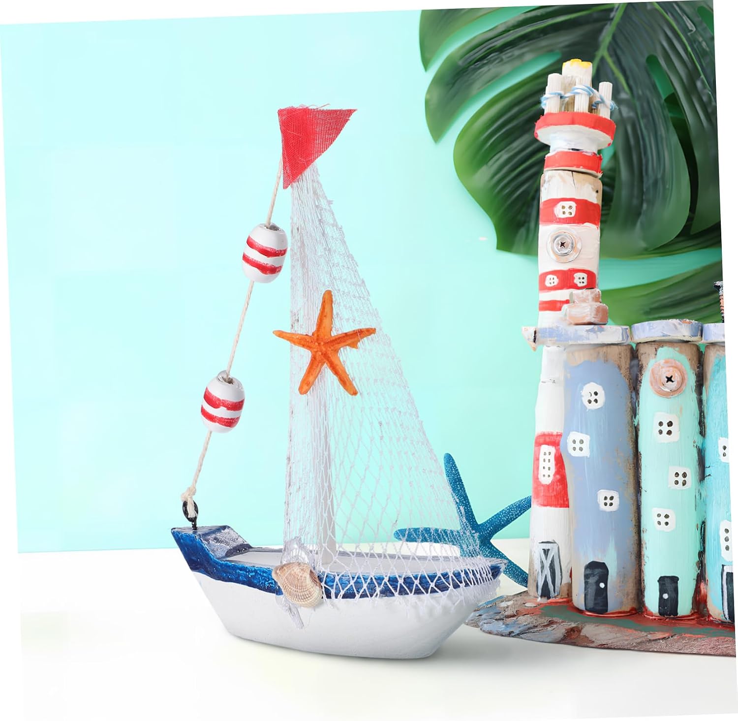 4Pcs Nautical Sailboat Decor Unique Ocean Themed Tabletop Decorations with Seagulls Flags and Charming Details for Bathroom Shelf Decoration