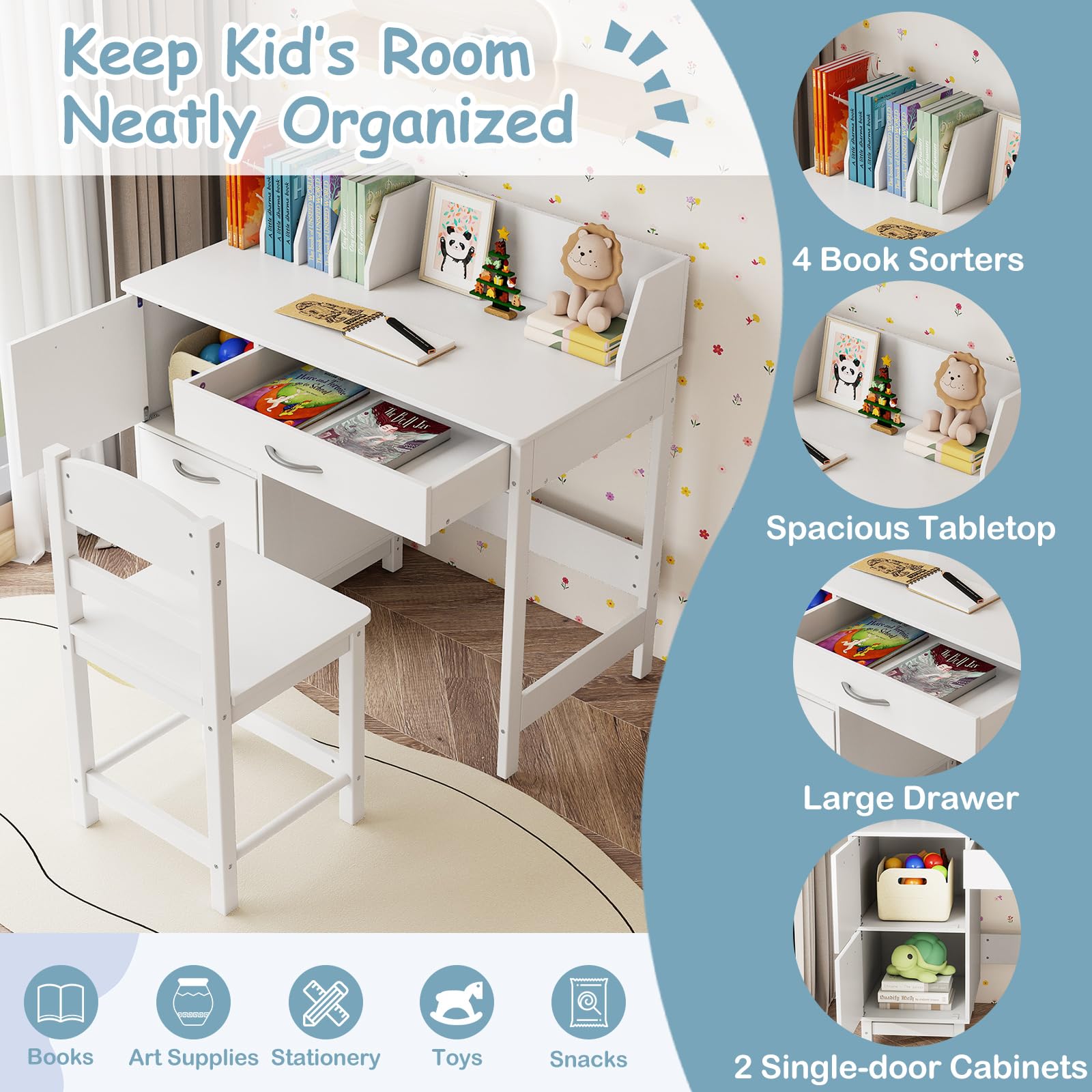 GYMAX Set di scrivania e sedia per bambini, tavolo da studio in legno con 2 armadietti, cassetto, libreria da tavolo e dispositivo anti-ribaltamento, set da scrivania per ragazzi e ragazze (bianco)