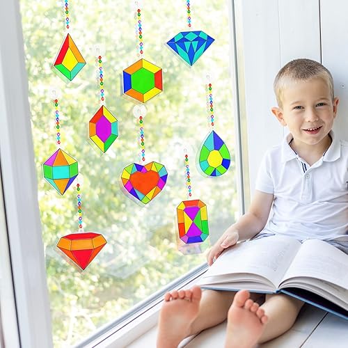 Miniatura 9 de Winlyn 27 juegos de adornos de atrapasoles con joyas, decoración de pintura para ventanas, kits de manualidades, atrapasoles de joyas para niños,