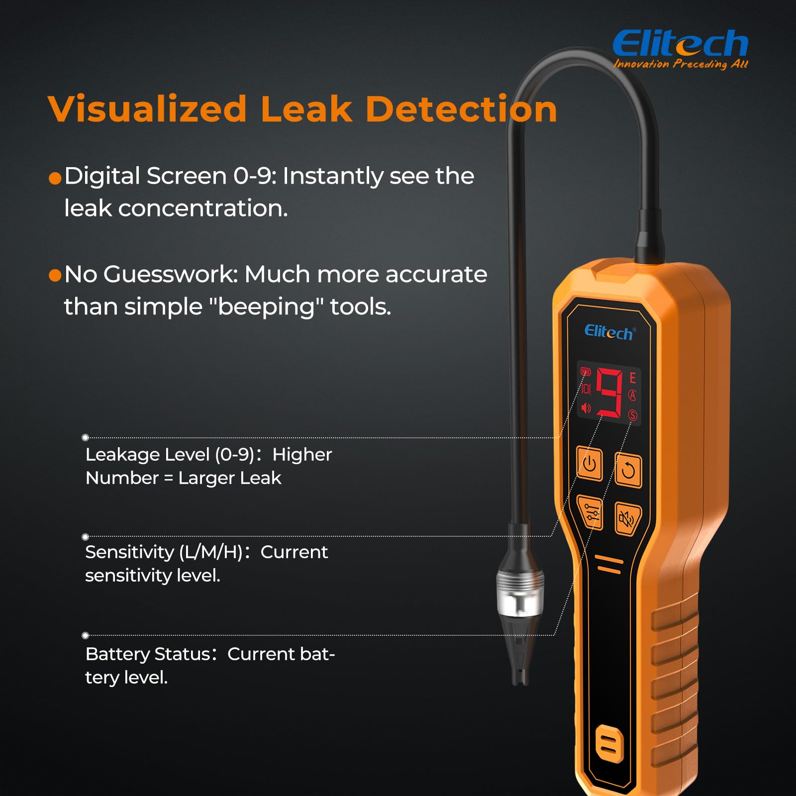 Elitech ELD-270 Detector de Fugas de Refrigerante HVAC – Pantalla Digital y Alarma Vibrante para R32, R410A, R134A, R1234yf