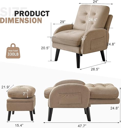 Miniatura 41 de Silla decorativa con respaldo ajustable otomano, silla de sala de estar tapizada con juego de reposapiés, silla moderna, acogedora silla reclinable