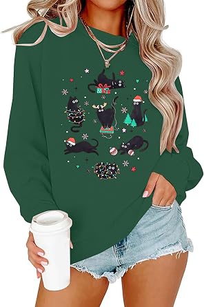 FLOYU Christmas Sweatshirt for Women Meowy Christmas Pullover Cat Lover Xmas Tops Merry Catmas Sweater