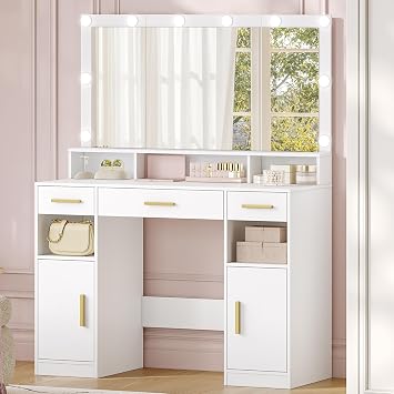 HEXCELEN Dressing Table with Large Mirror, Vanity Desk with Mirror LED, 3 Light Colors, Makeup Desk, 3 Drawers, 2 Storage Cabinets, 5 Open Compartments, 40   108   140 cm, for Bedroom, White