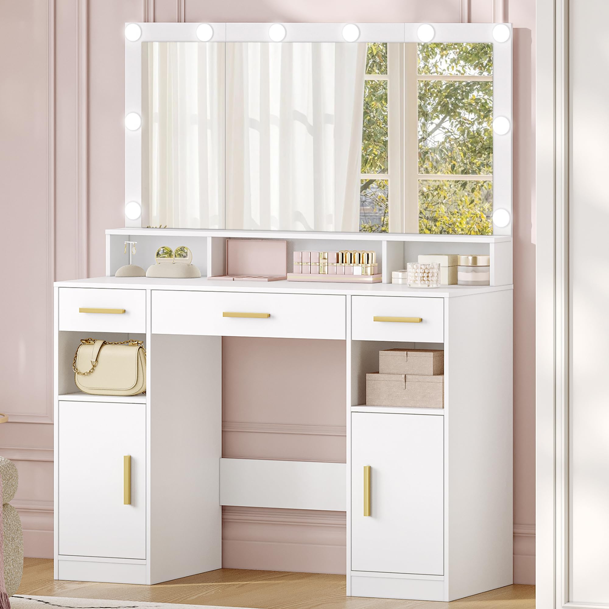 HEXCELEN Tocador de Maquillaje con Espejo Grande, Tocador de Maquillaje con Luz, Luces LED con Brillo Ajustable, 3 Cajones, 2 Armarios, 5 Compartimentos Abiertos, 40 × 108 × 140 cm, Blanco