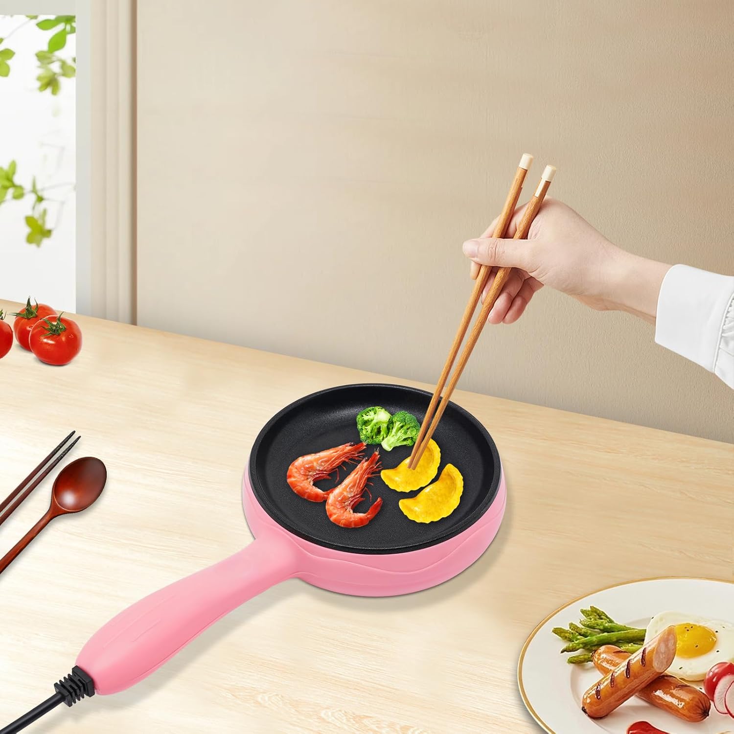 6-Inch Non-Stick Electric Skillet, Rapid Heat Up, Personal Mini Electric Round Griddle for Individual Pancakes, Cookies, Eggs & other on the go Breakfast, Lunch & Snacks, Blue/Yellow/Pink (Pink)