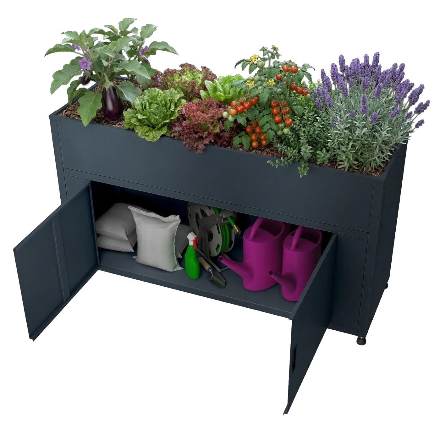 Metzler Hochbeet für den Garten mit Stauraum – Pulverbeschichteter Stahl in Anthrazit RAL 7016 | Witterungsbeständiges Metall-Gartenbeet, Pflanzenbeet, Blumenhochbeet | 160 x 85 x 50 cm