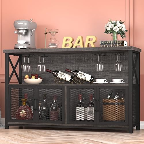 Miniatura 7 de LVB Gabinete de Bar de Vinos, Gabinete Industrial de Barra de Café para Licor y Vasos, Aparador Buffet Moderno con Estante de Almacenamiento, Bar