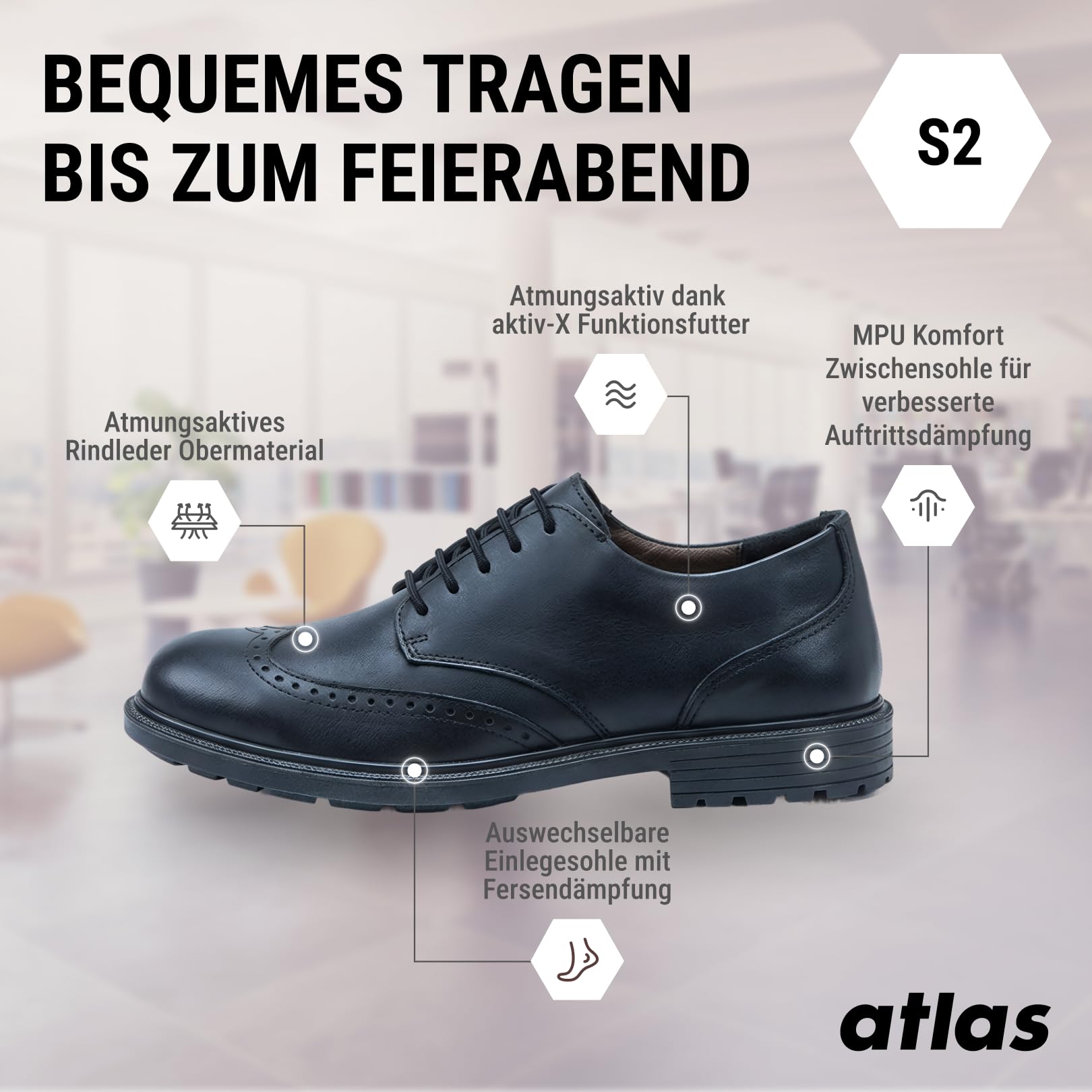 Atlas CX 320 Office - EN ISO 20345 S2 stalowa nasadka (44, czarna)