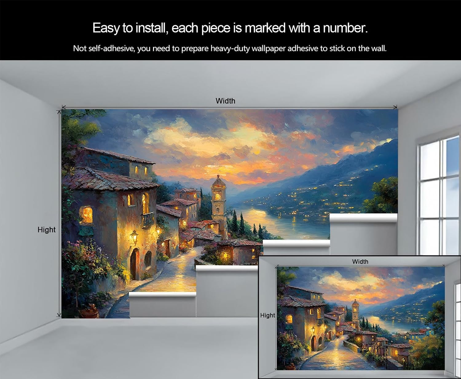 Night View Town Large Wallpaper, Beautiful Coastal City Wall Paper Wall Murals, Natural Scenery Wallpapers for Living Room Bedroom Dining Room (Not Peel and Stick)