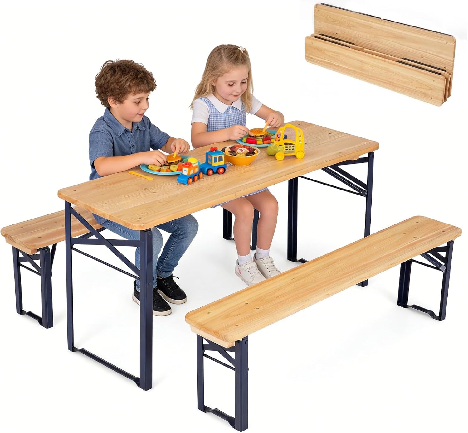 HONEY JOY Kids Picnic Table, 43.5 Inch Folding Toddler Outdoor Table & 2 Benches, Fir Wood Top & Metal Frame, No Assembly, Portable Easy to Store Camping Table and Chairs for Patio Backyard (Blue)