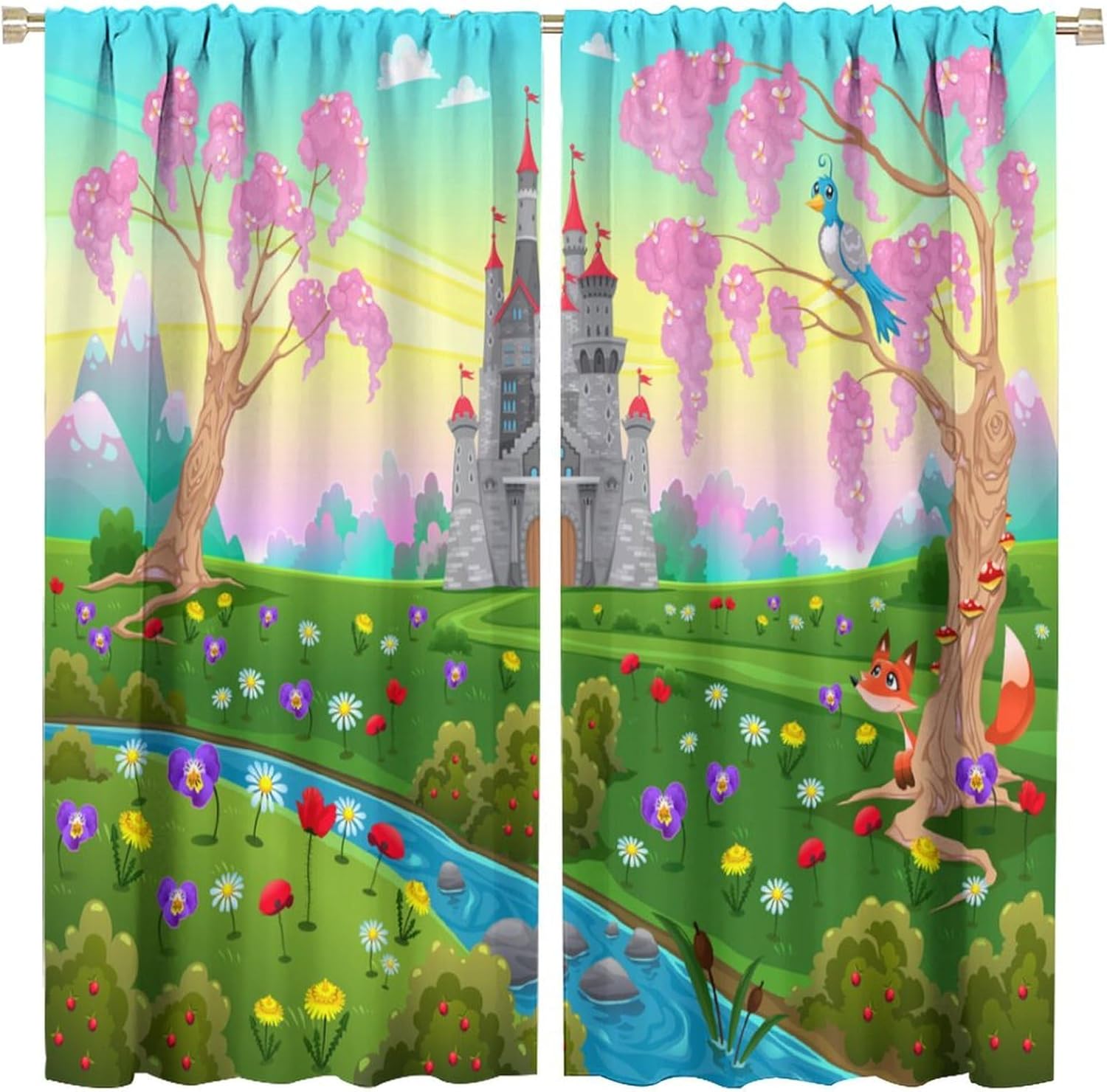 Cartoon Curtains, Fairytale Themed Royal Castle Scenery in A Floral Garden Fantasy World Blossoming for Girls Boys Living Room Bedroom Decor Drapes 2 Panels 42x45 Inch, Style-4