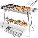 TLGREEN Barbecue à Charbon Pliant Portable, Grill Charbon de Bois XXL, en Acier Inoxydable, avec Poêle à Frire,4PCS Pied de Support pour Barbecue de Jardin et Camping, 5-10 Personnes, 118 x 33 x 72 cm - 1