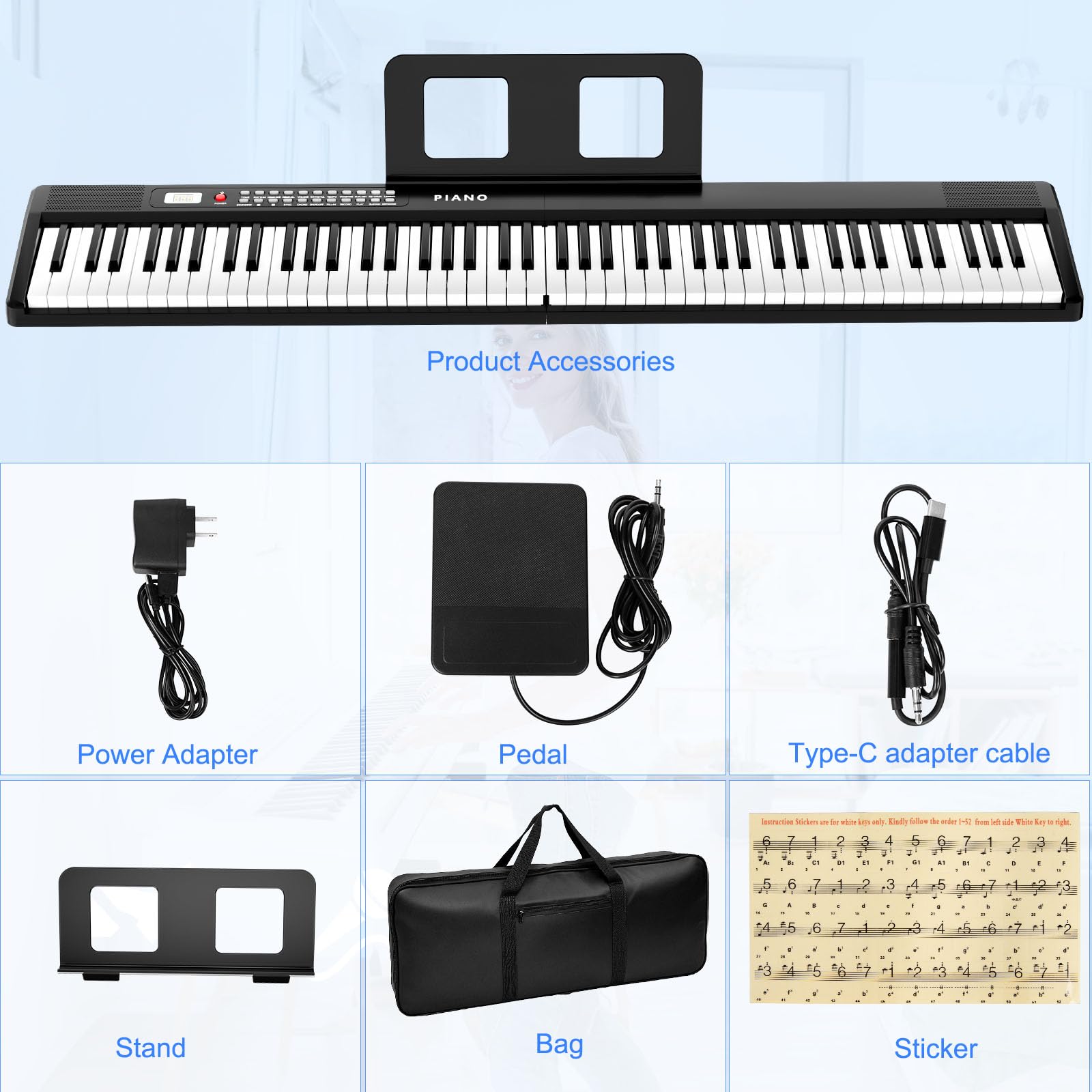 Clavier de piano électronique, pliable, taille complète, 88 touches, avec adaptateur d'alimentation, pédale, support de partition, autocollant, sac, pour débutants, noir