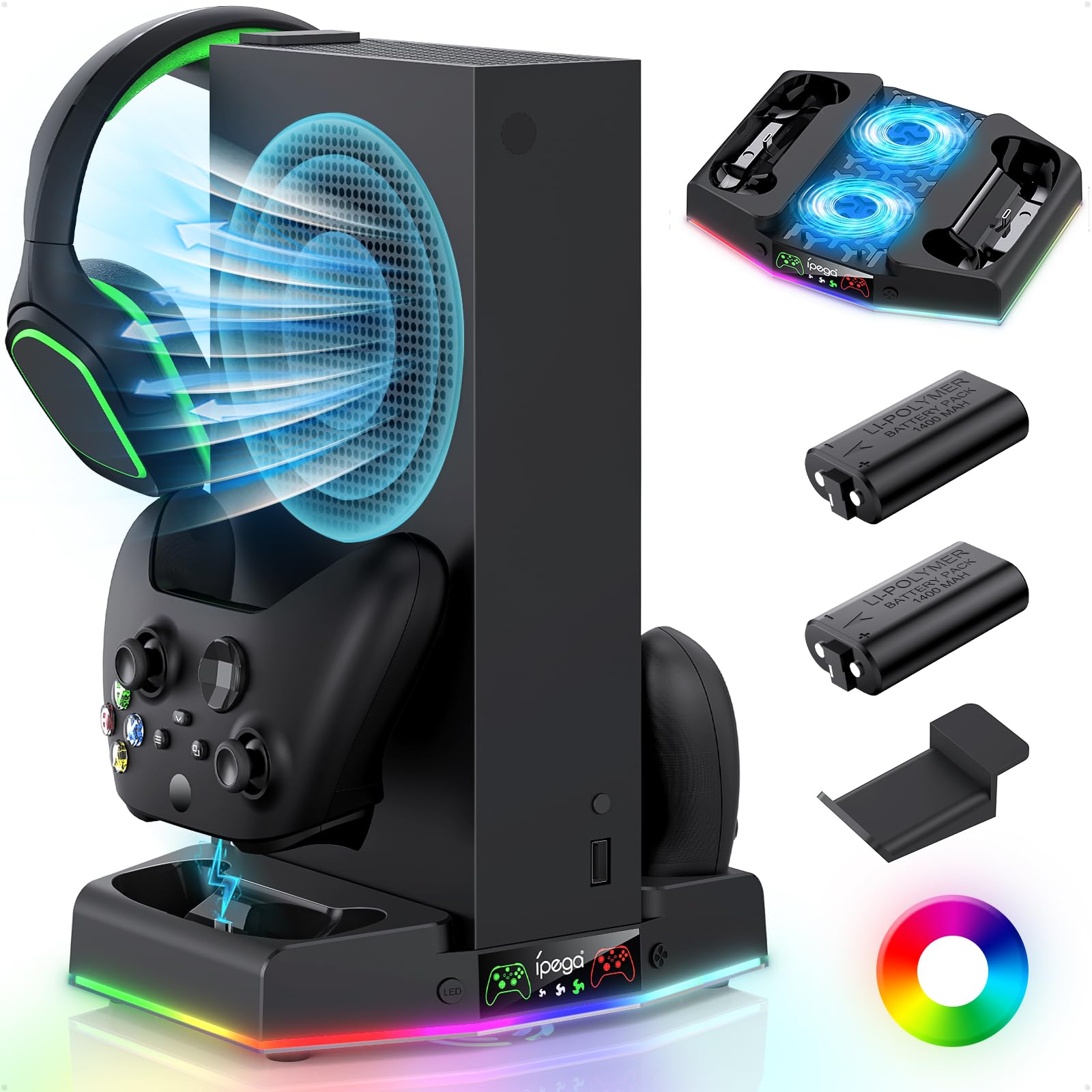 FYOUNG Supporto verticale per caricabatterie e stazione di raffreddamento per Xbox Series S, dock di ricarica controller di aggiornamento con luce 15 RGB, sistema di ventola di raffreddamento, 2