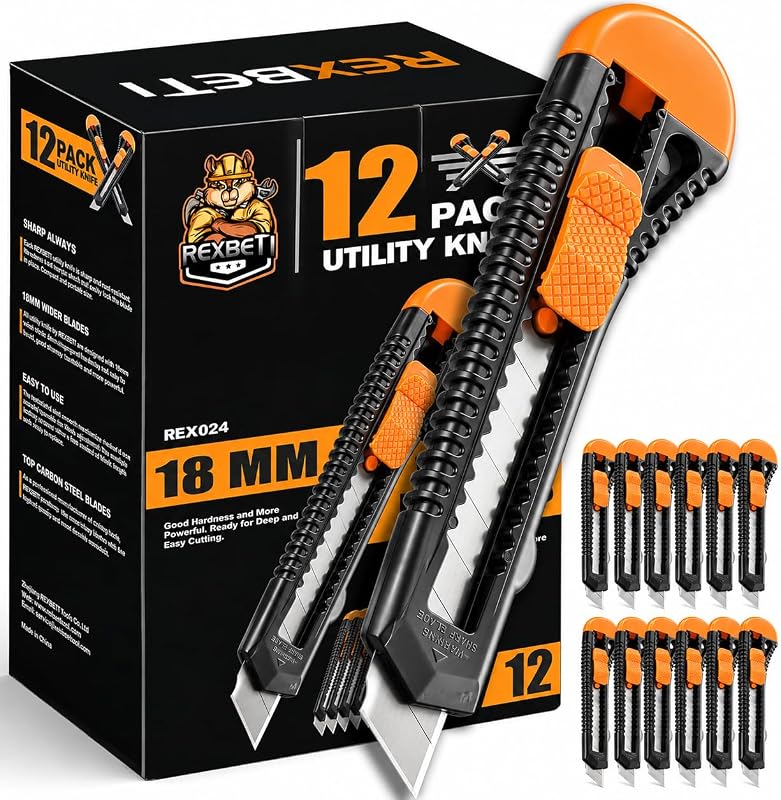 REXBETI 12-Pack Utility Knife, Retractable Box Cutter for Cartons, Cardboard and Boxes, 18mm Wider Razor Sharp Blade, Smooth Mechanism, Perfect for Office and Home use