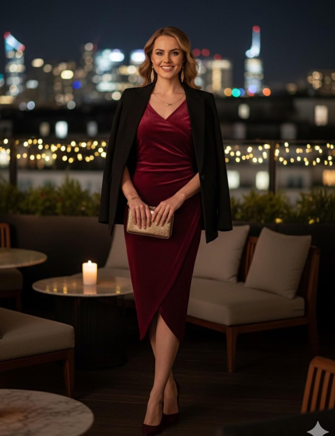 Women's Velvet Dress Long Sleeve Wrap V-Neck Elegant Cocktail Party Fall Midi Dress for Wedding Guest - Image 4