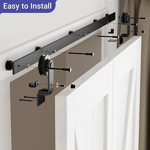 Miniatura 6 de CCJH Kit de herrajes para puerta corrediza de granero de 30 pulgadas para 2 puertas, se desliza suavemente silenciosamente, rodillo negro de montaje