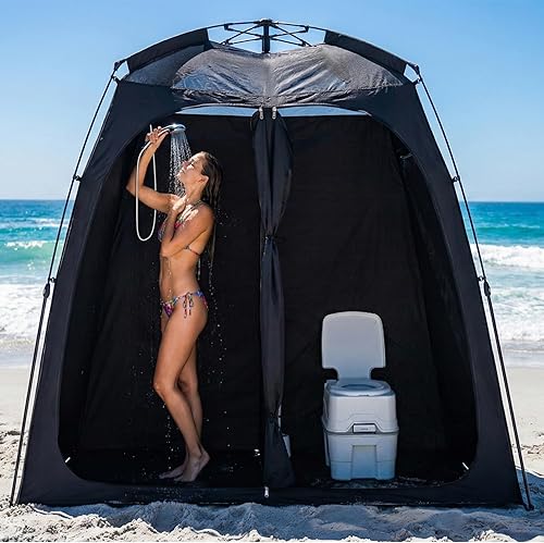 EighteenTek® Shower Tent Camping, 2-Room Portable Changing Room, Outdoor Shower Enclosure, Pop Up Privacy Tent Shelter with Floor & Doors,