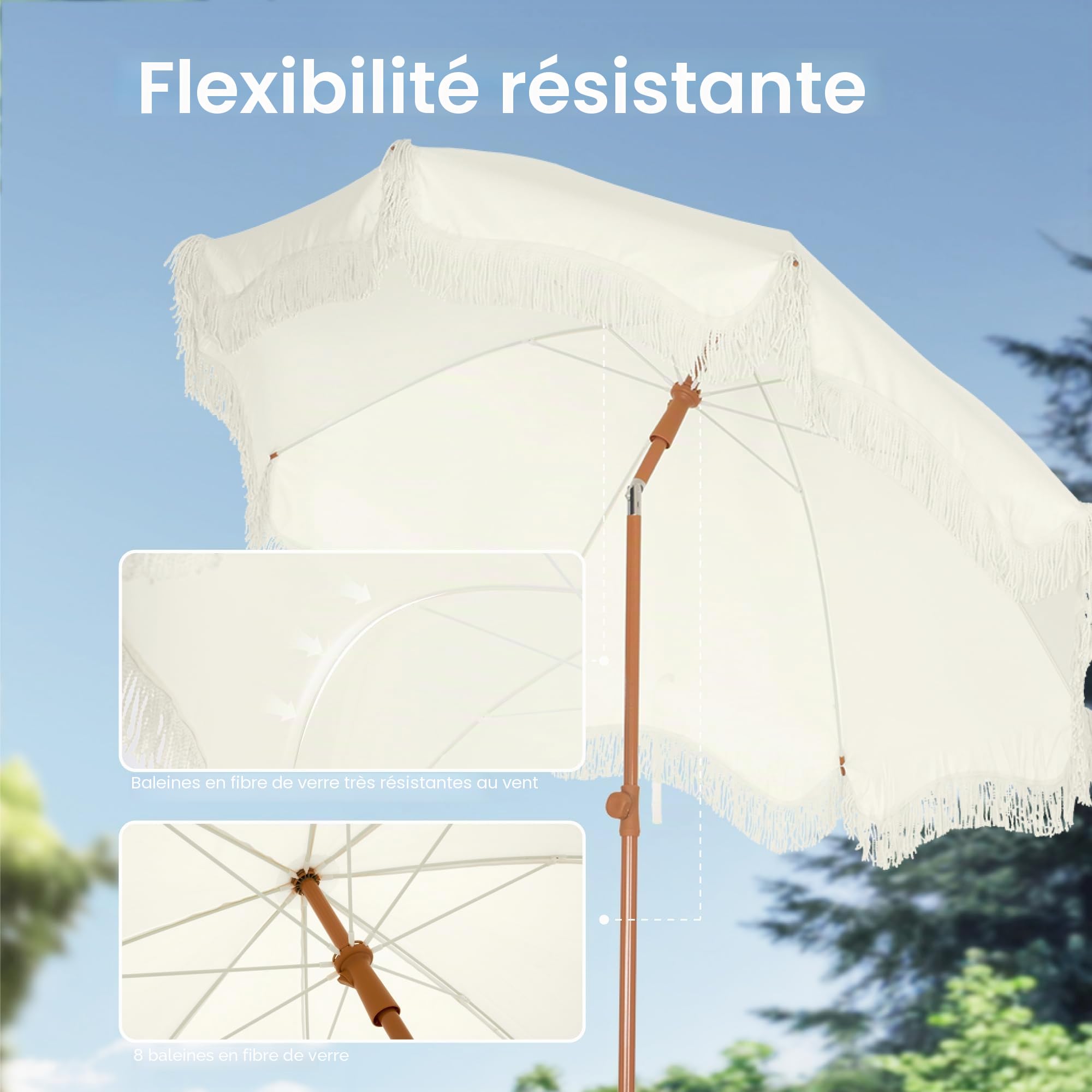 PHI VILLA Parasol de plage de 2 m avec vis à sable UV 50+ - Parasol à franges pour plage, jardin, terrasse - Pour piscine et terrasse