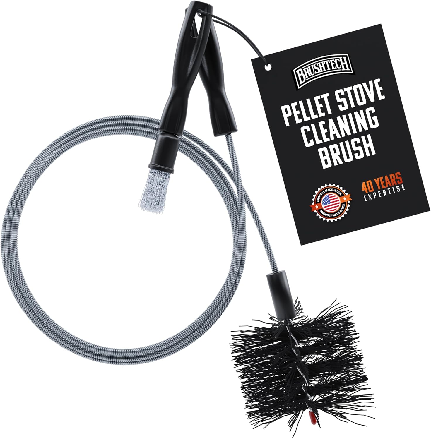 Brushtech Pellet Stove Cleaning Brush Kit - 10-Foot Non-Kinking Spring Brush for 3-Inch Vent Pipes with Bonus Steel Ash Brush - Safe Airflow Maintenance for Stove Pipes