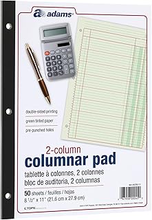 Adams Columnar Analysis Pad, 2 Column Ledger, 8.5" x 11", 100 Pages (50 Sheets), Green, 3 Hole Punch, for Accounting, Bookkeeping & Data (ACP85112)