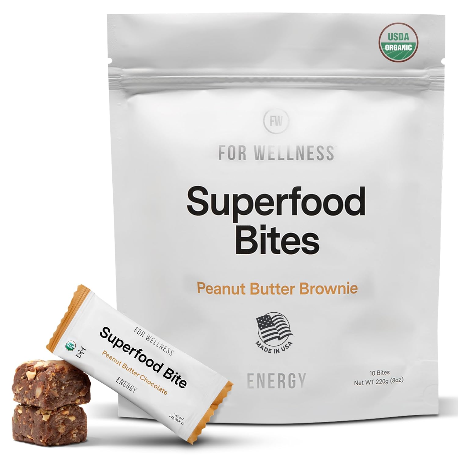 For Wellness Superfood Bites Energy: Peanut Butter Brownie | Healthy Snacks for Adults and Kids | Organic, Healthy Snack for Energy and Brain Food | 10 Count
