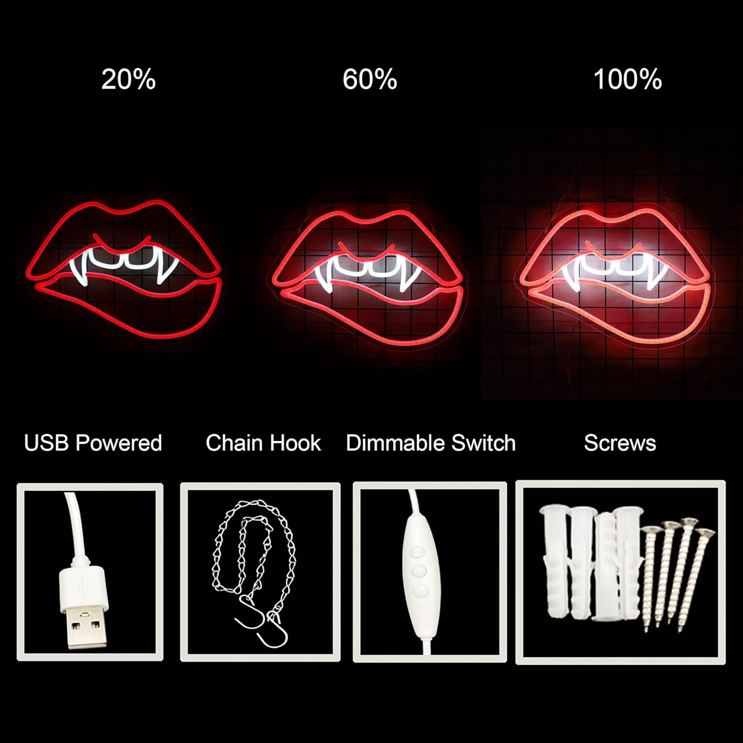 Vampire Fangs Lip Neon Sign Halloween Decorations Horror Theme LED Light Up Sign Wall Decor for Man Cave, Party Decor, Birthday Gift
