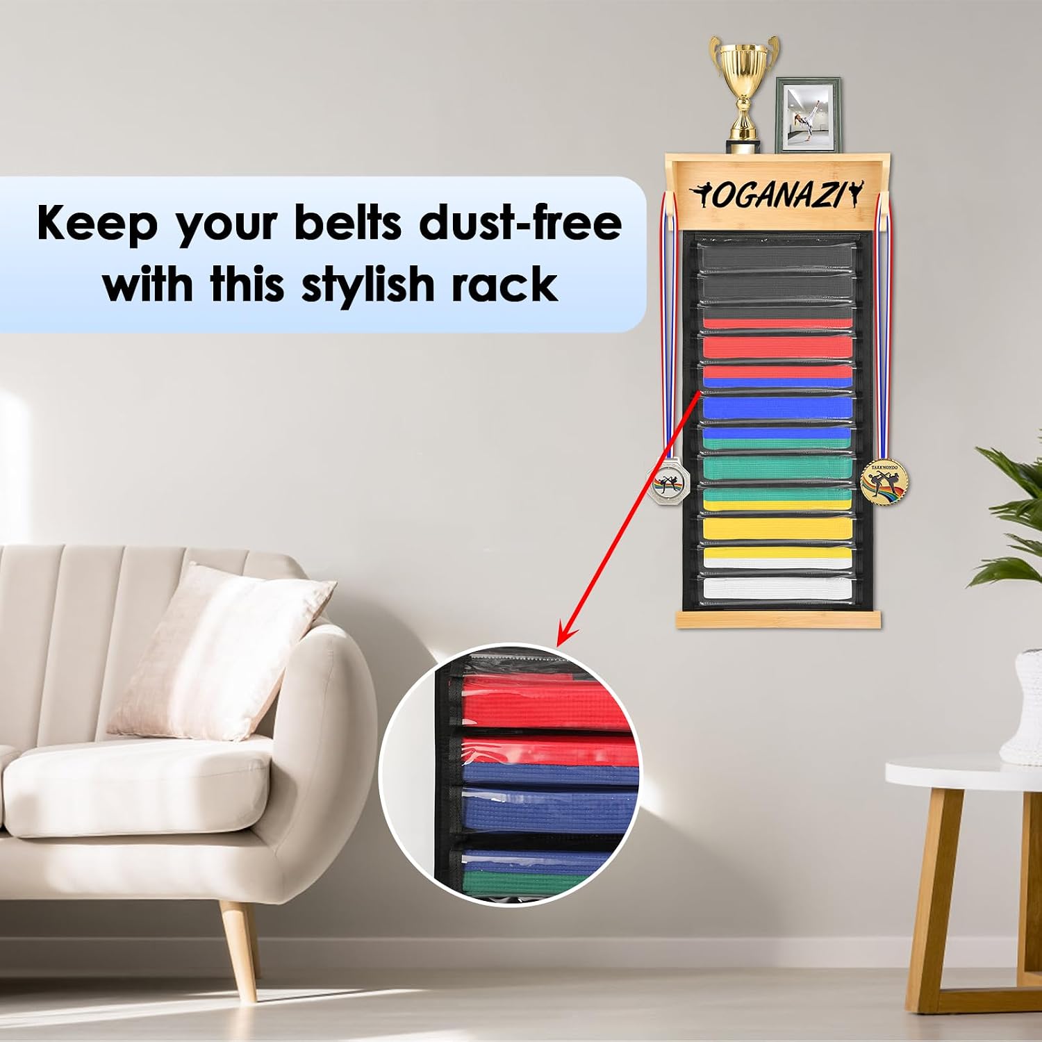 10 Belts Karate Belt Display Rack, Medal Display Case for BJJ, Jiu Jitsu, TKD,Martial Arts Belt Display Holder with Medals Hanger, Taekwondo Belt Display Holder with Trophy/Photo Rack,