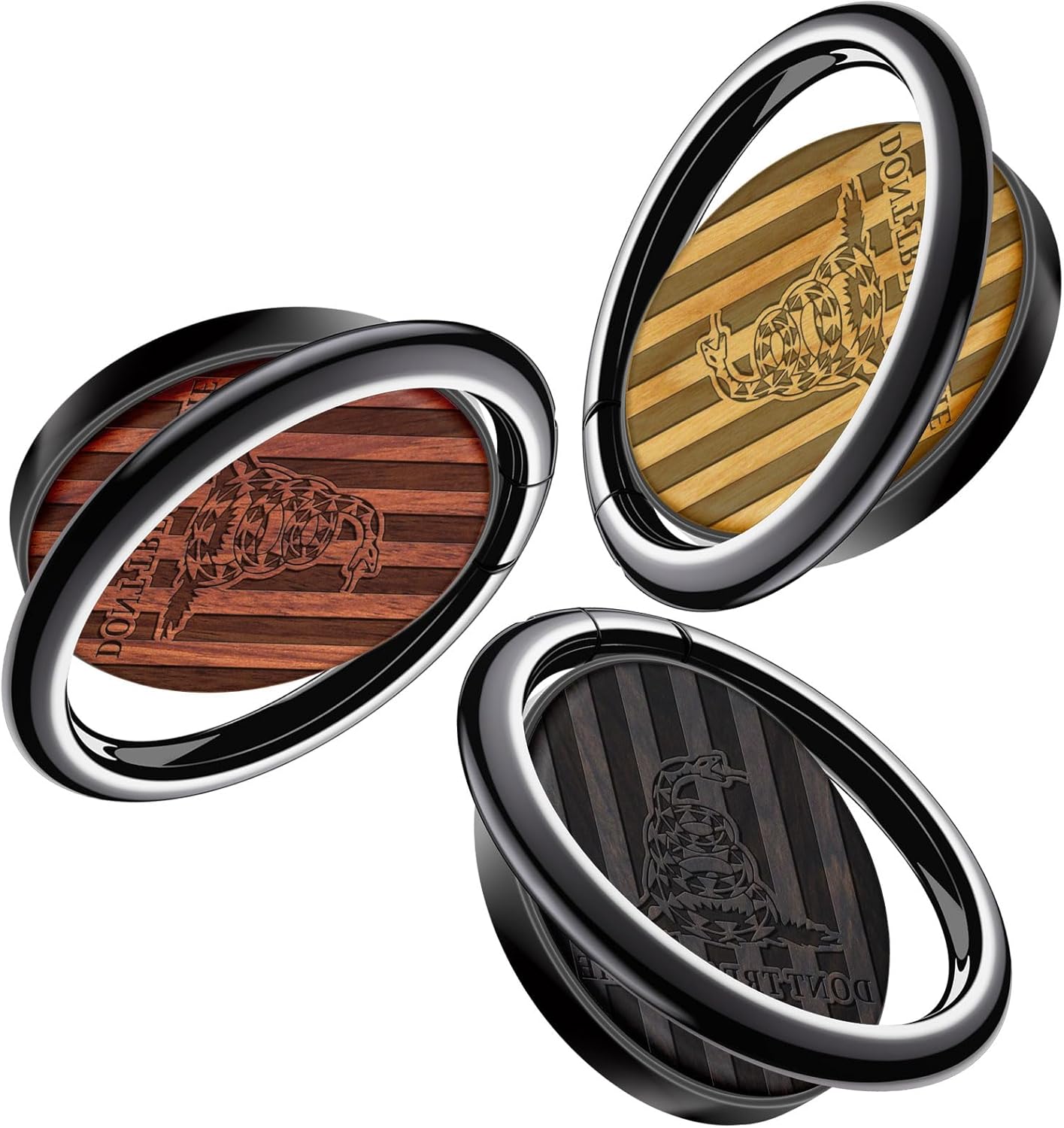 Carveit Wooden Cell Phone Ring Holder Finger Stand Grip Hook Phone Kickstand Compatible with S24 Ultra S23 iPhone 16 Pro Max 13 14 15 Pixel 9-Blackwood+Redwood+Cherry/Black/Gadsden Flag [3 Pack]