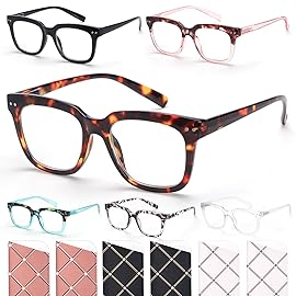 CHOFILORD 6 Pack Fashion Reading Glasses for Women Men Blue Light Blocking Oversized Square Readers with Spring Hinge (6 Pack Colorful D, 1.5, x)