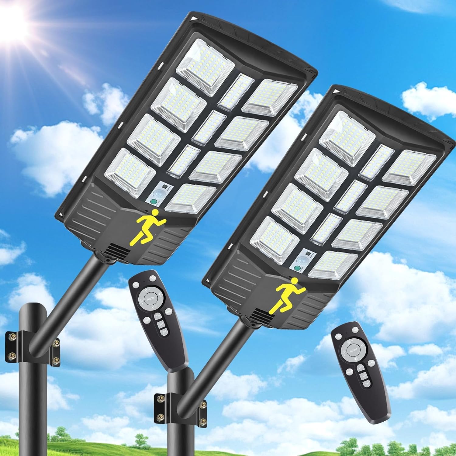 2 pack 2000w solar street lights outdoor 200000lm commercial parking lot lights dusk to dawn, waterproof solar security flood lights with motion sensor remote for yard, garage, driveway 2000w 2pack