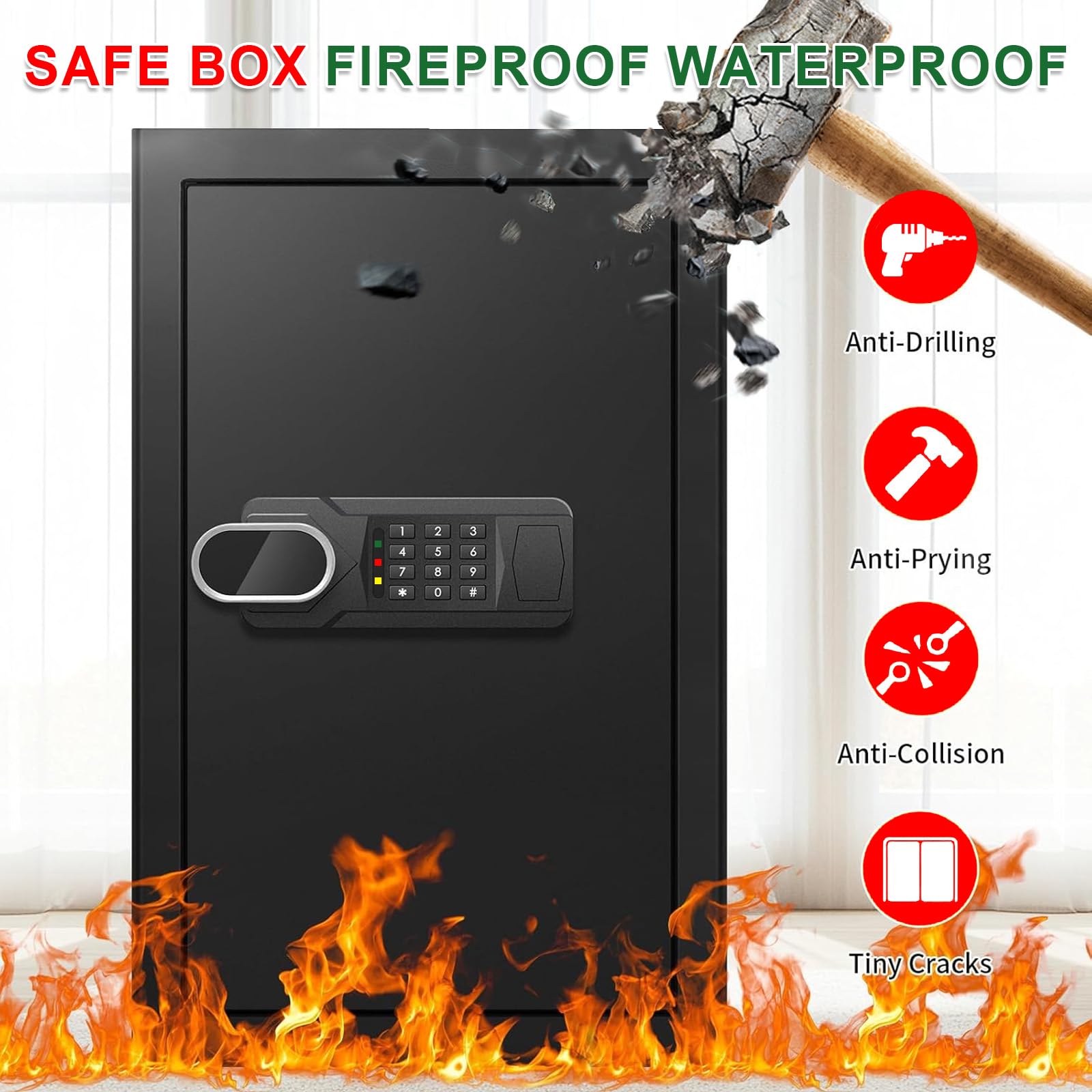 Cassaforte per uso domestico, a prova di fuoco e acqua, antifurto, digitale, con tastiera programmabile e chiavi di ricambio, cassaforte per la casa, impermeabile e ignifuga, per documenti, denaro,