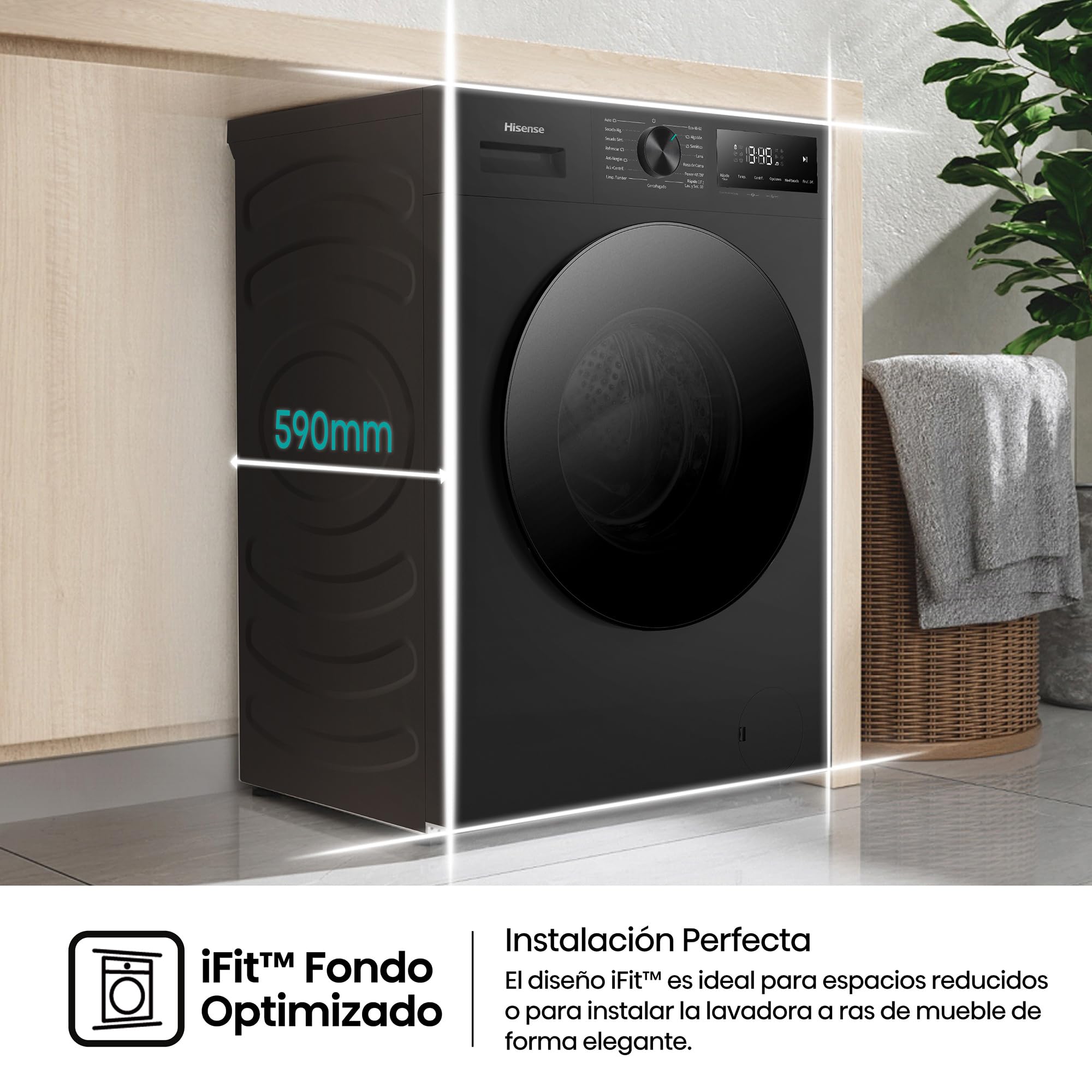 Hisense WD1I1142BBL2 - Lavasecadora 11 kg/7 kg, Fondo 59cm, 1400 rpm, Lavado y Secado 59', Dispensador Automix, Programa Lavado Auto, Función Antiarrugas, iFit™ Fondo Optimizado, Negro