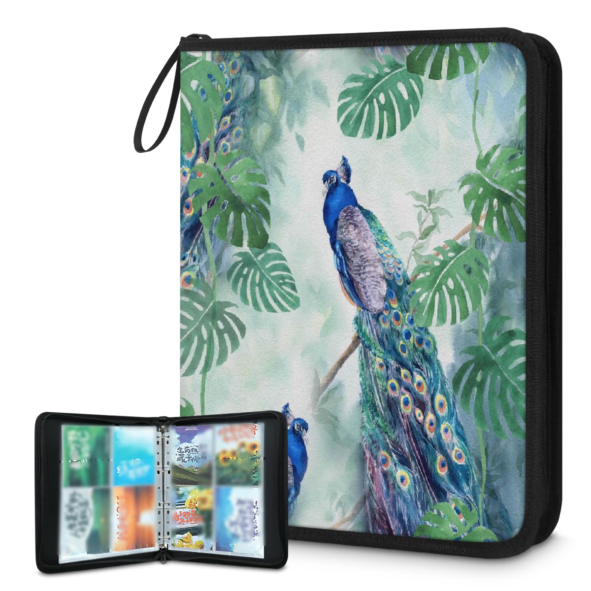 Carpeta para tarjetas coleccionables con 4 bolsillos, diseño de pavo real, hojas tropicales, con fundas extraíbles, impermeable, con cremallera, capacidad para 50 páginas y 400 tarjetas