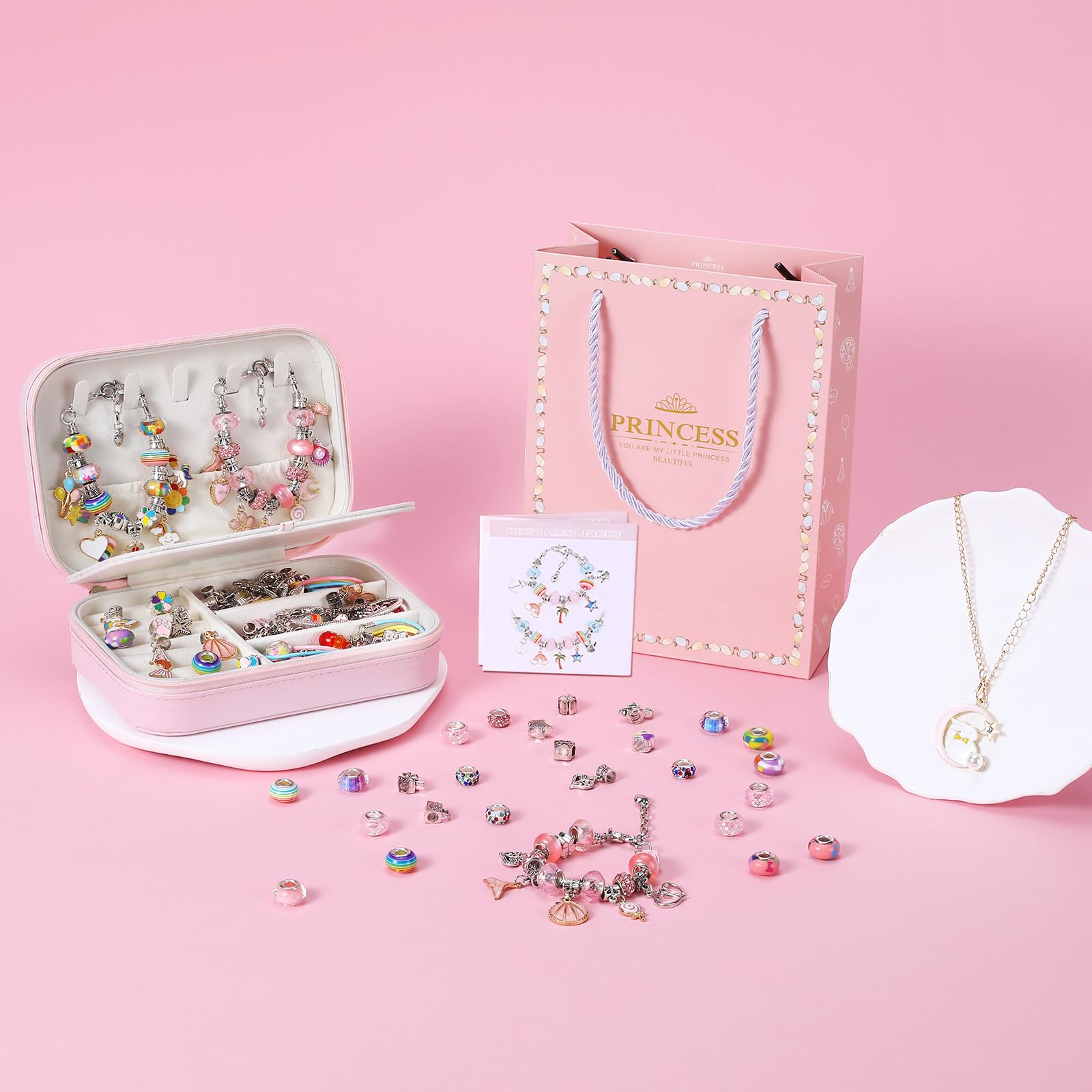 Emibele Ragazze Perline Charm Kit Braccialetti Con Scatola Gioielli Portatile, Kit Creazione Gioielli Per Bambini Età 5 6 7 8-12, DIY Artigianato Giocattoli Per Ragazze Regalo Per Compleanno Natale