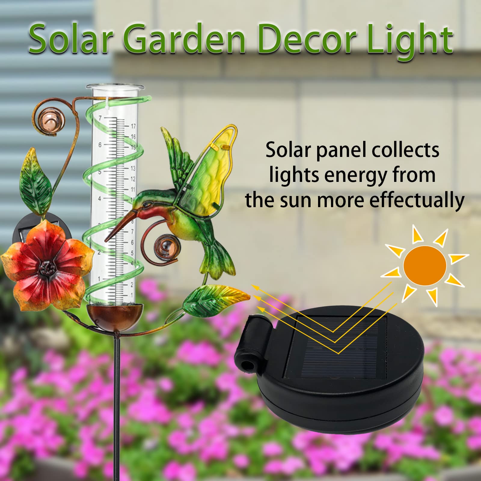 BAYN 36.3� Rain Gauge Outdoor Solar Powered 10 LEDs 7� Tube Garden Hummingbird Metal Decorative Stake with Waterproof Large Glass Tube Rain Guage for Yard, Garden, Patio, Lawn