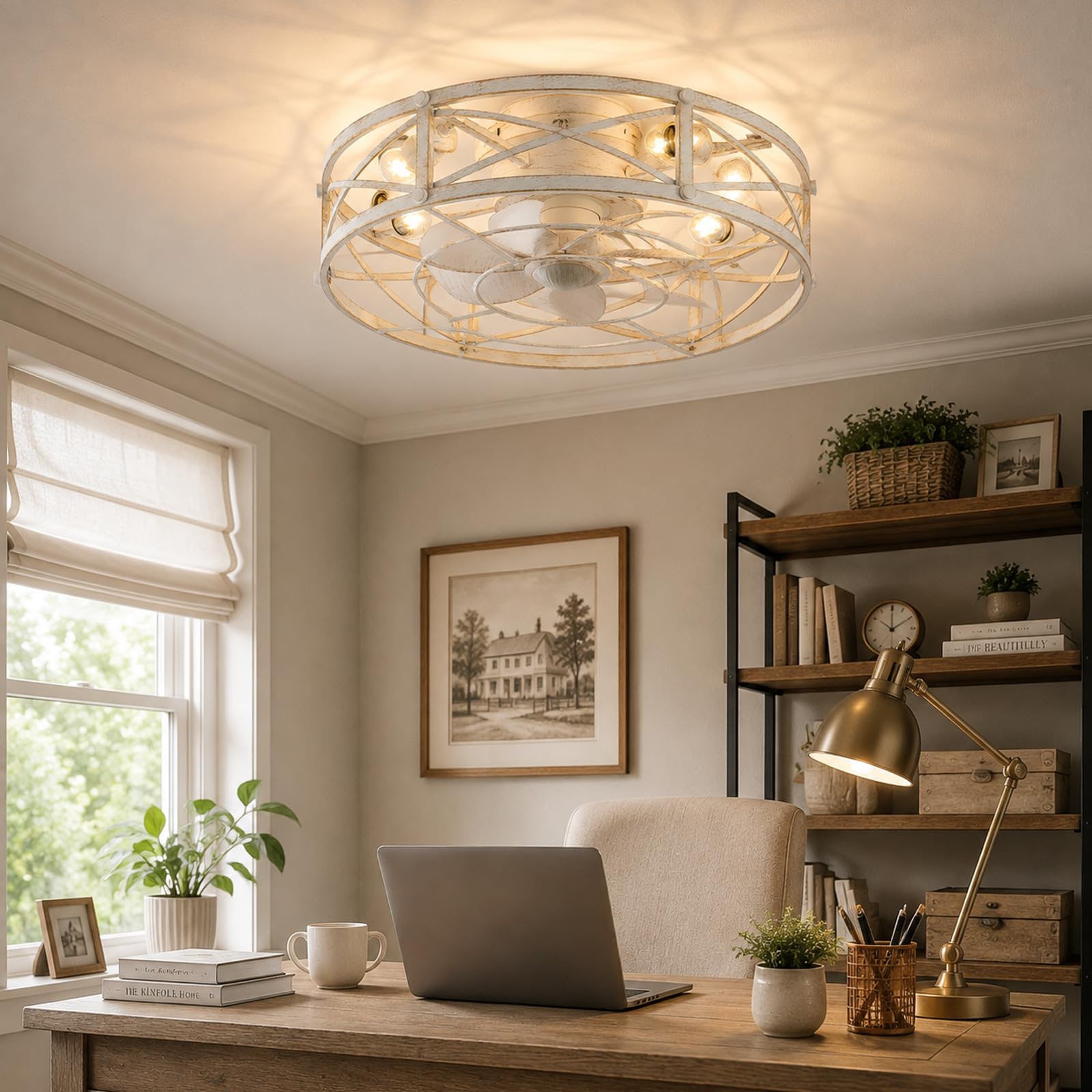 Photo 1 of ***STOCK PHOTO FOR REFERENCE ONLY***RnRolo 20‘’ Industrial White Caged Flush Mount Ceiling Fan with 4 Bulb Light, 20 Inch Low Profile Farmhouse Ceiling Fan with Remote