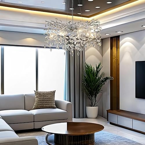 Miniatura 9 de YUYI Candelabros modernos de cristal para comedor, ramas de árbol plateado, lámpara redonda de lujo con gotas de lluvia de techo alto, lámpara