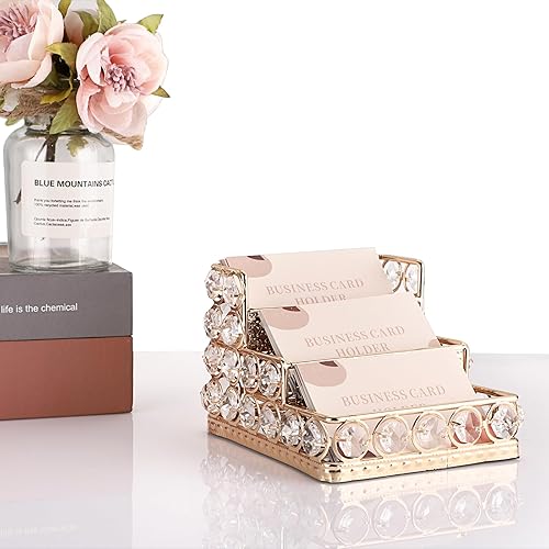 Miniatura 7 de Hipiwe Titular de Tarjetas de Visita de Cristal - Soporte de Exhibición de Tarjetas de Nombre de 3 Niveles Espejo Dorado Organizador de